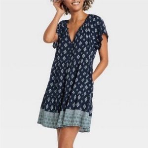Knox Rose Short Flutter Sleeve Above Knee Dress V-Neck Navy Ikat Print XL